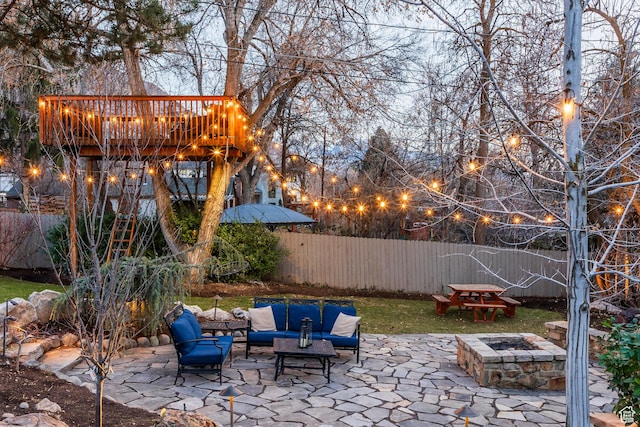 2760 E Spring Creek Rd, Holladay, UT 84117 - view of patio / terrace with a wooden deck and an outdoor living space with a fire pit