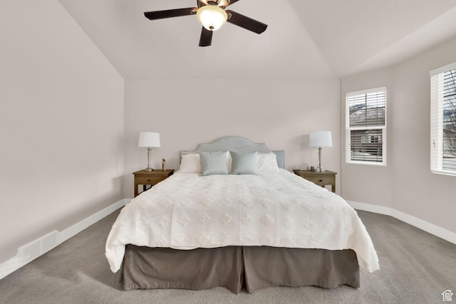 143 E 1825 N, North Ogden, UT 84414 - carpeted bedroom featuring ceiling fan, visible vents, baseboards, and vaulted ceiling