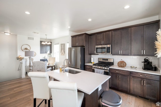 kitchen with light wood finished floors, a sink, dark brown cabinets, visible vents, and appliances with stainless steel finishes