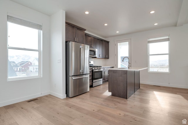kitchen with dark brown cabinets, a sink, stainless steel appliances, light countertops, and visible vents