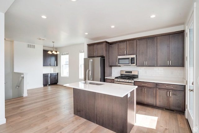 kitchen featuring light wood-style floors, dark brown cabinetry, stainless steel appliances, and a sink