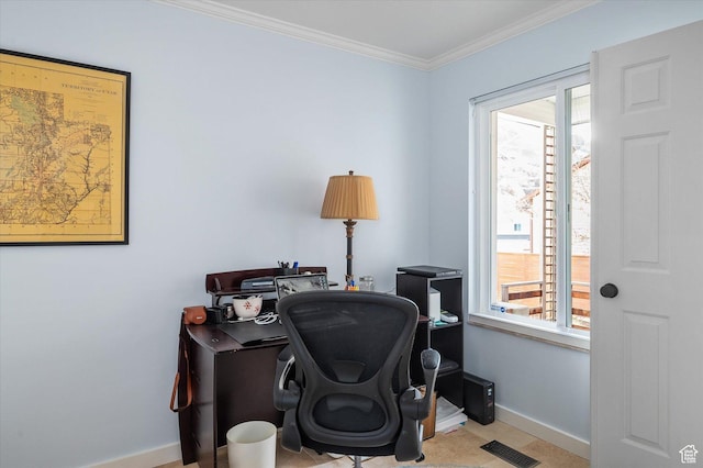 7996 S Sunnyoak Cir E, Cottonwood Heights, UT 84121 - tiled home office featuring a wealth of natural light and crown molding