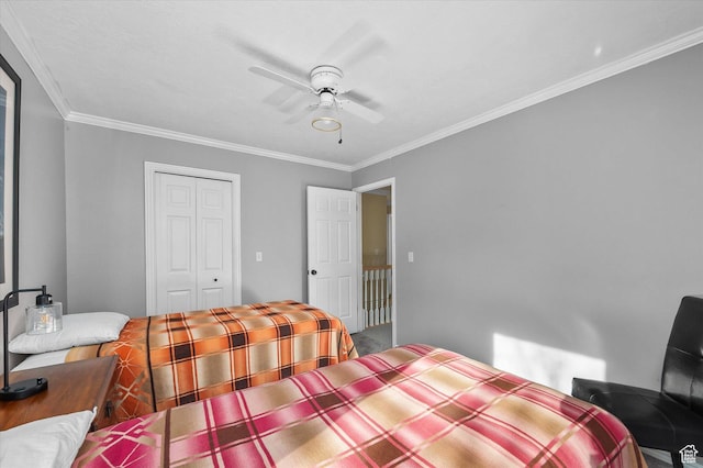 7996 S Sunnyoak Cir E, Cottonwood Heights, UT 84121 - bedroom with ceiling fan, a closet, and crown molding
