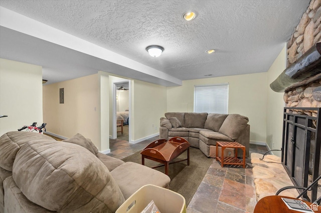 7996 S Sunnyoak Cir E, Cottonwood Heights, UT 84121 - living room featuring a textured ceiling and a fireplace