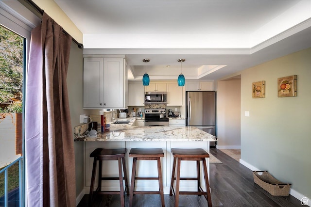 7996 S Sunnyoak Cir E, Cottonwood Heights, UT 84121 - kitchen featuring pendant lighting, appliances with stainless steel finishes, a kitchen bar, kitchen peninsula, and a tray ceiling
