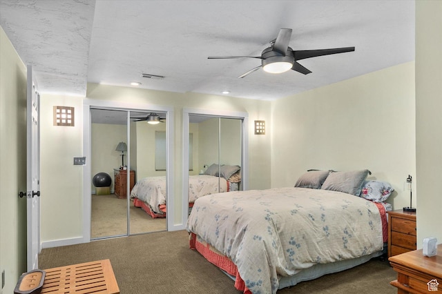 7996 S Sunnyoak Cir E, Cottonwood Heights, UT 84121 - bedroom with ceiling fan, carpet, a textured ceiling, and multiple closets