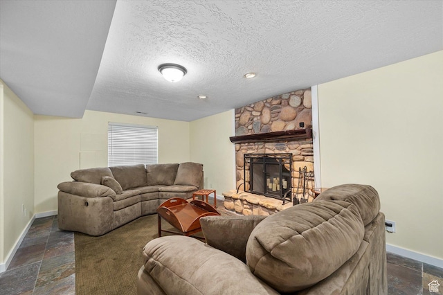 7996 S Sunnyoak Cir E, Cottonwood Heights, UT 84121 - living room featuring a fireplace and a textured ceiling