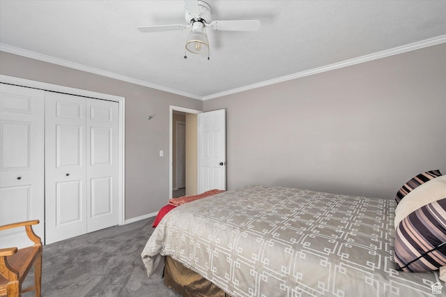7996 S Sunnyoak Cir E, Cottonwood Heights, UT 84121 - bedroom with ceiling fan, a closet, ornamental molding, and dark colored carpet