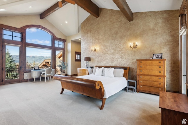 2641 E Silverberry Ct, Park City, UT 84098 - bedroom featuring carpet floors, high vaulted ceiling, beamed ceiling, access to outside, and recessed lighting