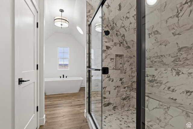 1539 W 2130th Cir S, St George, UT 84770 - bathroom with wood-type flooring, lofted ceiling, and plus walk in shower