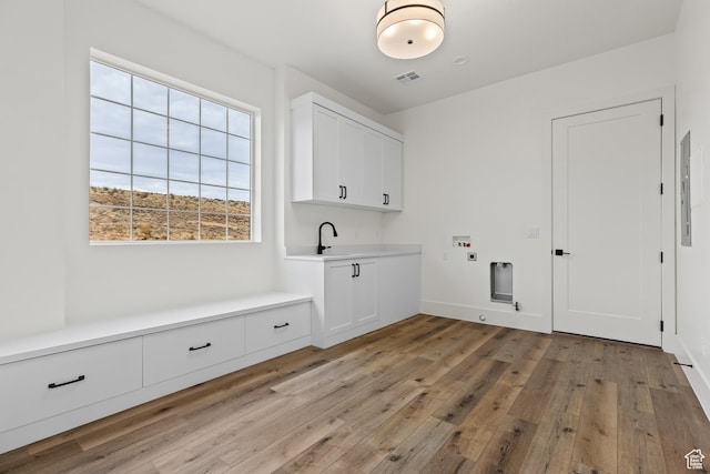 1539 W 2130th Cir S, St George, UT 84770 - washroom with electric dryer hookup, cabinets, sink, hookup for a washing machine, and light hardwood / wood-style floors