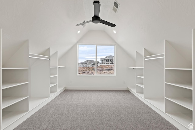 1539 W 2130th Cir S, St George, UT 84770 - walk in closet featuring carpet flooring, vaulted ceiling, and ceiling fan