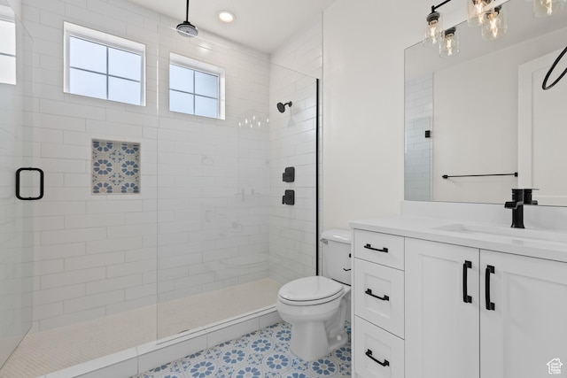 1539 W 2130th Cir S, St George, UT 84770 - bathroom with toilet, vanity, tile patterned floors, and an enclosed shower