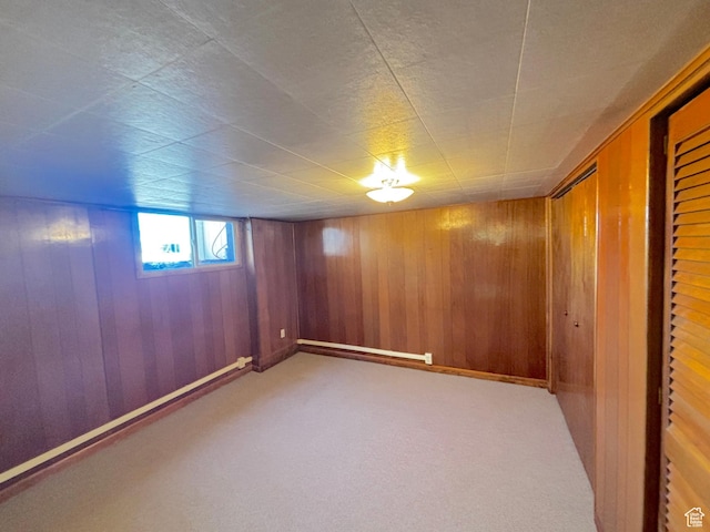 unfurnished room featuring wood walls and carpet