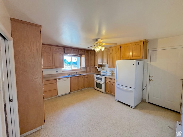 kitchen featuring white appliances, light countertops, a sink, and ceiling fan