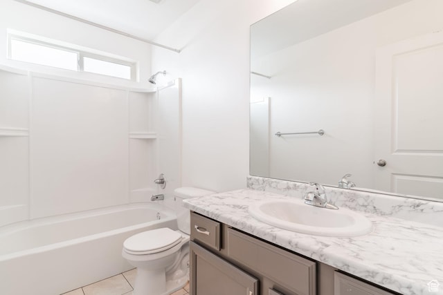 full bathroom with toilet, tile patterned flooring, vanity, and tub / shower combination