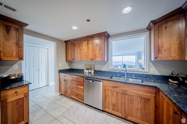 44 W 300 S Unit 2306S, Salt Lake City, UT 84101 - kitchen featuring dark stone countertops, sink, light tile patterned floors, and stainless steel dishwasher