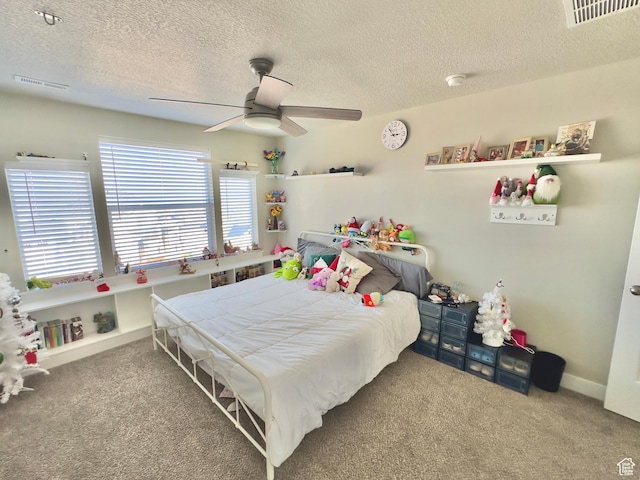 6057 W Herriman View Way S, Herriman, UT 84096 - carpeted bedroom with visible vents, a textured ceiling, and ceiling fan