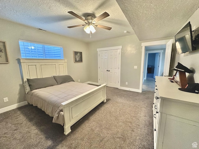 6057 W Herriman View Way S, Herriman, UT 84096 - bedroom with dark carpet, a textured ceiling, baseboards, and ceiling fan