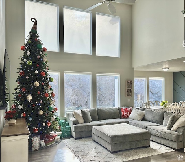 6057 W Herriman View Way S, Herriman, UT 84096 - living area with a towering ceiling, wood finished floors, and ceiling fan