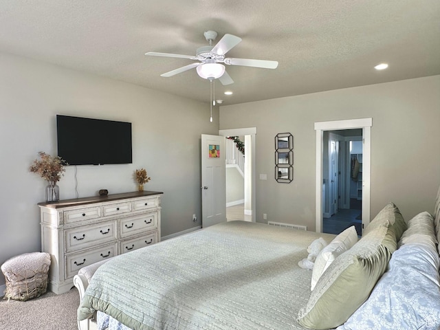 6057 W Herriman View Way S, Herriman, UT 84096 - bedroom featuring a ceiling fan, a textured ceiling, light carpet, visible vents, and recessed lighting