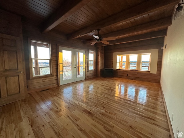interior space featuring french doors, wood ceiling, ceiling fan, beamed ceiling, and wood walls
