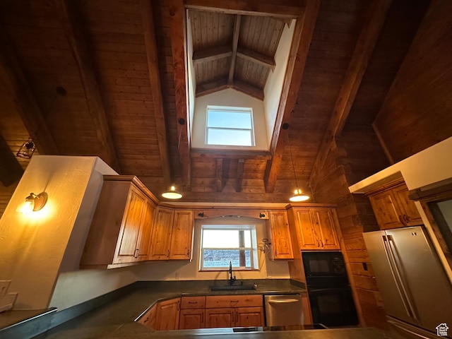 kitchen featuring black appliances, beam ceiling, wood ceiling, and sink