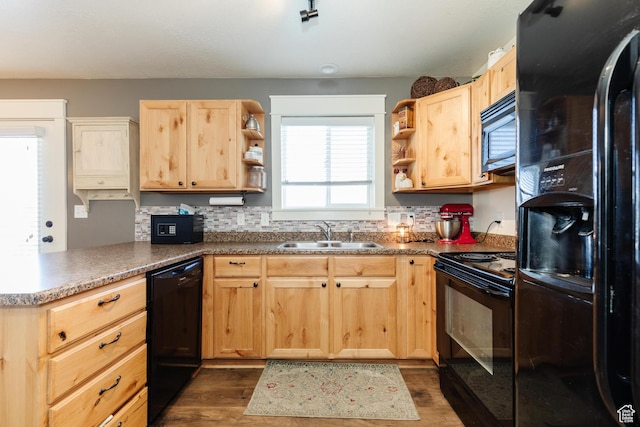 2814 S 1150 W, Nibley, UT 84321 - kitchen with black appliances, light brown cabinets, open shelves, and a sink