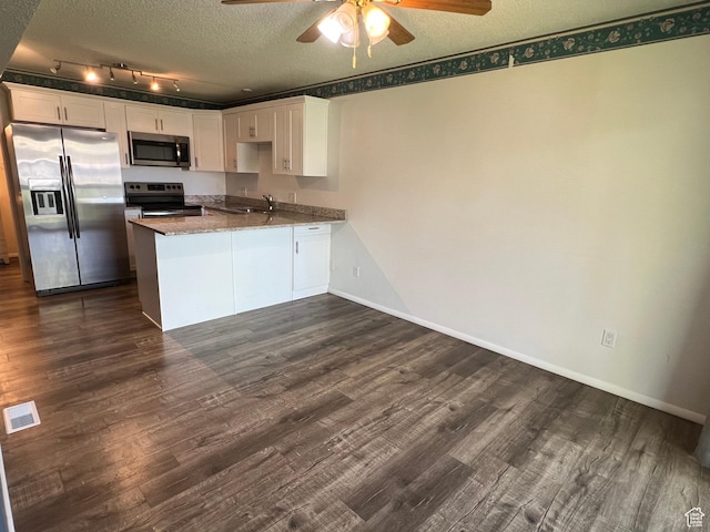 kitchen featuring dark wood-style flooring, a sink, track lighting, a peninsula, and appliances with stainless steel finishes