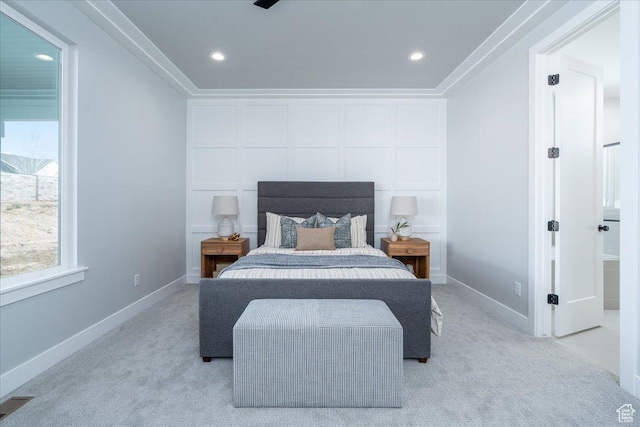bedroom with carpet flooring, recessed lighting, baseboards, and visible vents