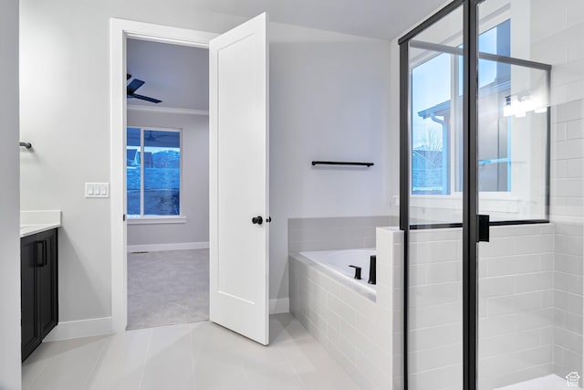 1136 W 2980 N, Lehi, UT 84043 - bathroom with a garden tub, vanity, a stall shower, and tile patterned flooring
