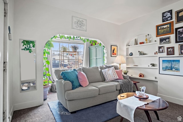 carpeted living room with built in features