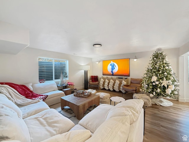 living room with baseboards and wood finished floors