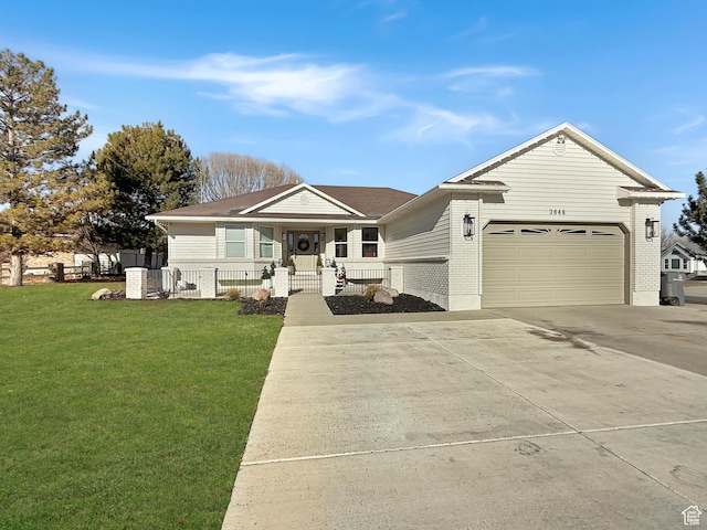 ranch-style home featuring covered porch, a garage, brick siding, concrete driveway, and a front lawn