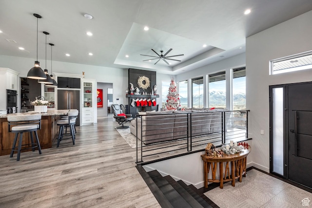 foyer with light wood-type flooring, a tray ceiling, and ceiling fan