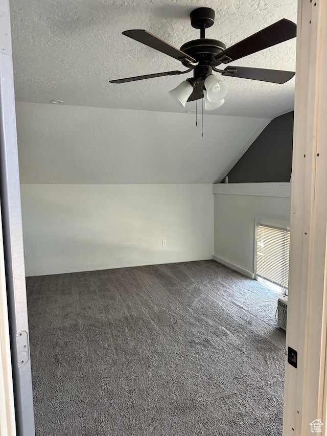 45 W Main St, Moroni, UT 84646 - additional living space with dark colored carpet, a textured ceiling, vaulted ceiling, and ceiling fan