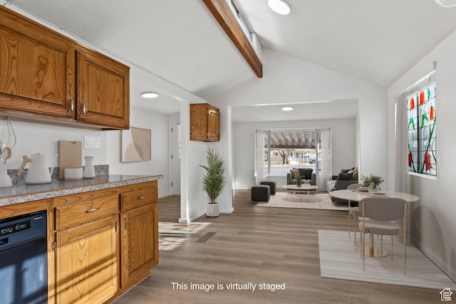1160 E Telegraph St Unit 4, Washington, UT 84780 - kitchen with lofted ceiling with beams, light hardwood / wood-style floors, and black dishwasher