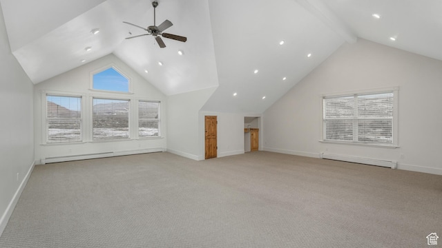 bonus room featuring a baseboard radiator, ceiling fan, and light colored carpet