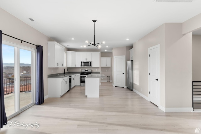 kitchen featuring white cabinets, a center island, stainless steel appliances, and pendant lighting