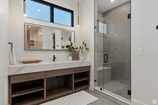 1316 N Gold Mountain Cir, Heber City, UT 84032 - bathroom featuring vanity, a stall shower, tile patterned flooring, and recessed lighting