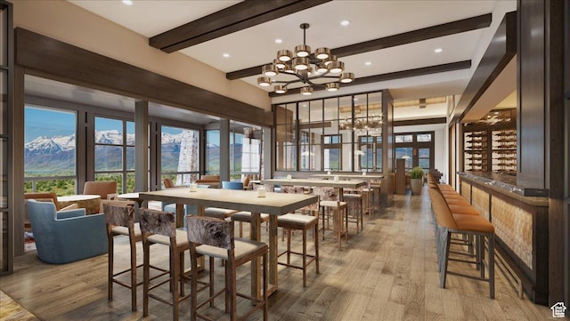 1316 N Gold Mountain Cir, Heber City, UT 84032 - dining space featuring beamed ceiling, wood finished floors, a chandelier, and a mountain view