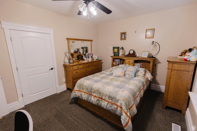 743 N 1100 E, Nephi, UT 84648 - bedroom with dark colored carpet, visible vents, baseboards, and ceiling fan