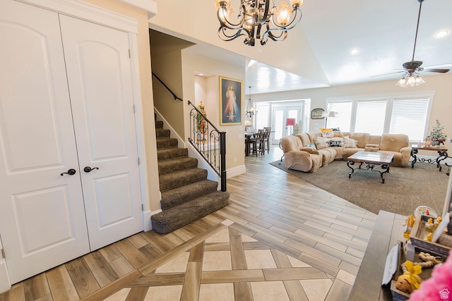 743 N 1100 E, Nephi, UT 84648 - interior space with light wood-style flooring, baseboards, recessed lighting, ceiling fan with notable chandelier, and stairway
