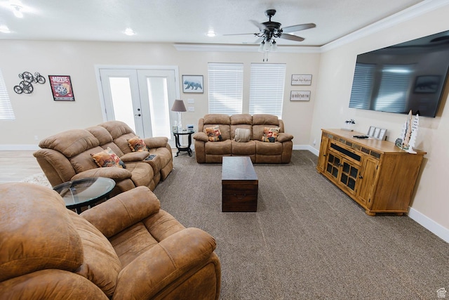 743 N 1100 E, Nephi, UT 84648 - carpeted living room with a ceiling fan, baseboards, ornamental molding, and french doors