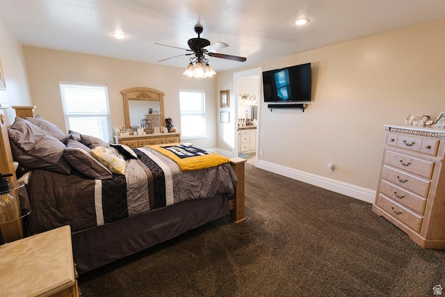 743 N 1100 E, Nephi, UT 84648 - bedroom with ensuite bath, baseboards, dark carpet, and ceiling fan