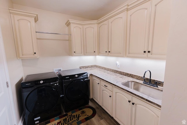 743 N 1100 E, Nephi, UT 84648 - laundry room with washing machine and dryer, dark wood-style flooring, a sink, and cabinet space