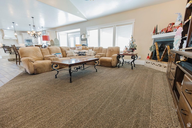 743 N 1100 E, Nephi, UT 84648 - living room featuring lofted ceiling, a glass covered fireplace, and a chandelier