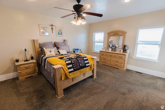 743 N 1100 E, Nephi, UT 84648 - bedroom featuring a ceiling fan, baseboards, and dark carpet
