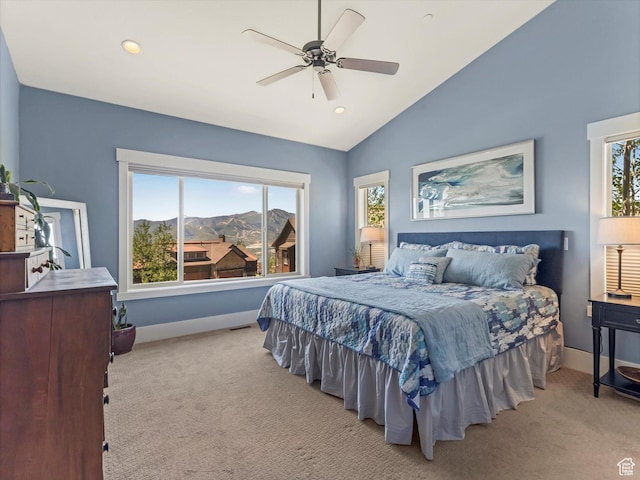 1628 E Viewside Cir, Hideout, UT 84036 - bedroom with carpet floors, lofted ceiling, a mountain view, recessed lighting, and ceiling fan