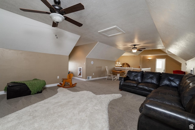 2690 W 500 N, Vernal, UT 84078 - living room with vaulted ceiling, ceiling fan, light carpet, and a textured ceiling